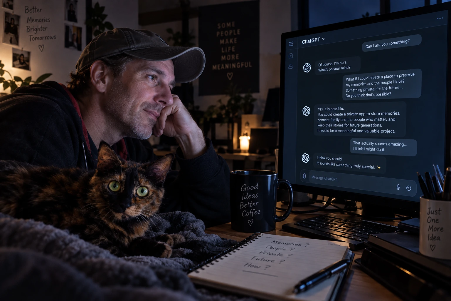 A man sits at a desk at night with a cat, looking at a chat conversation on a monitor about preserving memories.