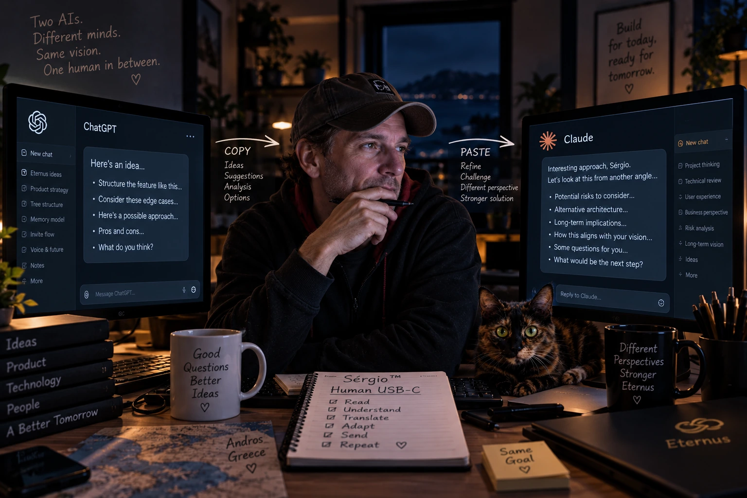 A man works between two screens, one showing a ChatGPT conversation and one showing a Claude conversation, with a cat beside him and a notebook reading Sérgio Human USB-C.
