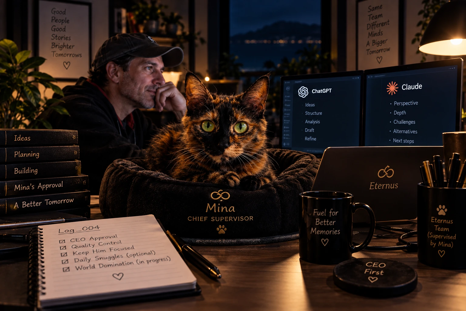 Mina, the Chief Supervisor, photographed in her bed on the desk between two monitors showing ChatGPT and Claude conversations.