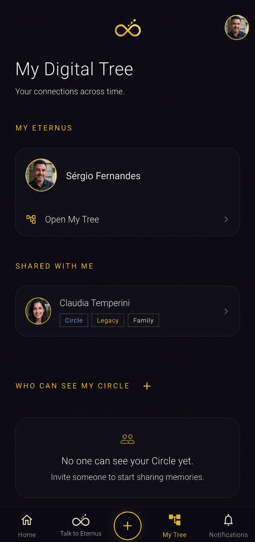 Screenshot of the Eternus app Home screen.