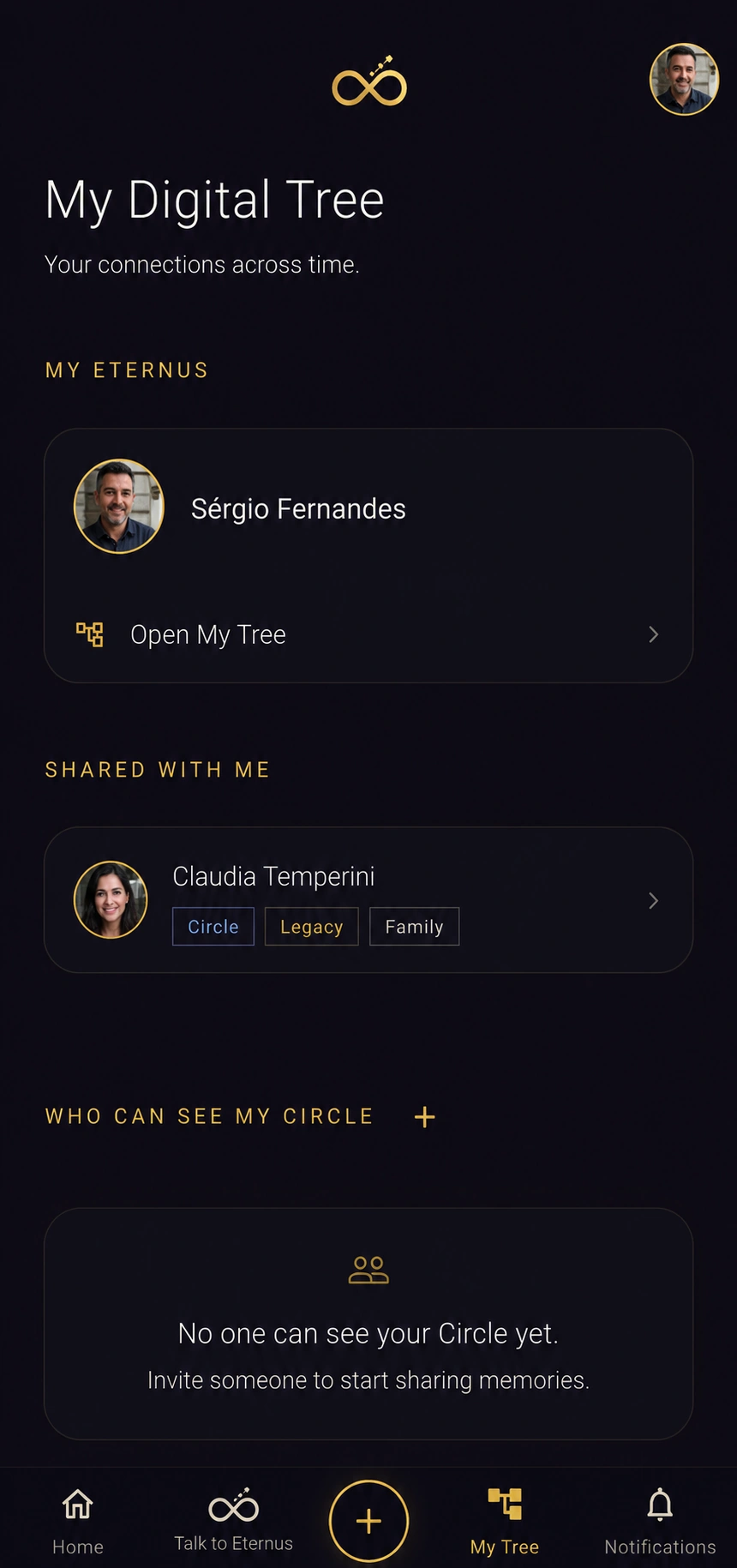 Screenshot of the Eternus app Home screen.